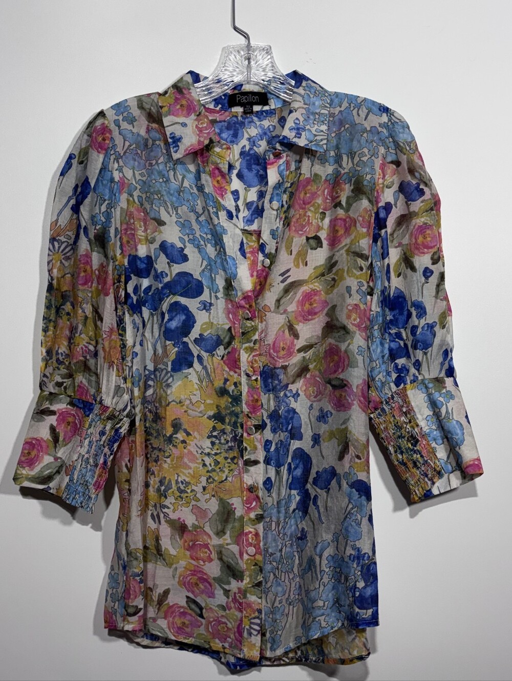 Papillon Blue Ditsey Floral Button Front Blouse w Puff Sleeves Size XS